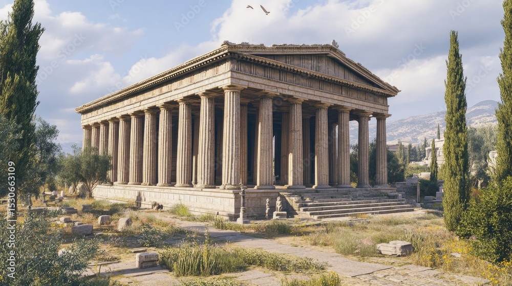 Fototapeta premium Ancient Greek Temple, Majestic Ruins under Sunny Sky