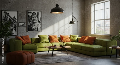 Sunlit Green Sectional Sofa in Industrial Loft Apartment