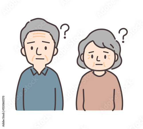 無表情で疑問を抱く高齢男女のイラスト