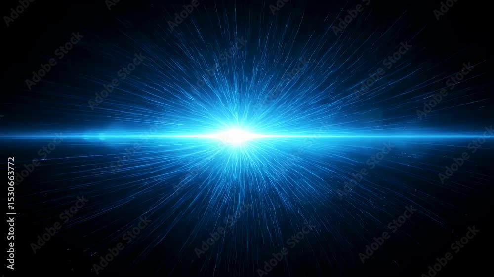 Bright blue light emitting across black space with glowing lines. Abstract illustration of fast warp speed and optic fiber data flow. Footage. Bright blue light emitting across black space with glowing lines. Abstract illustration of fast warp speed and optic fiber data flow. Footage.