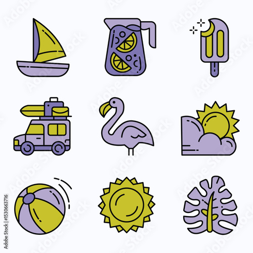 COLORED SUMMER HOLIDAY ICONS SET