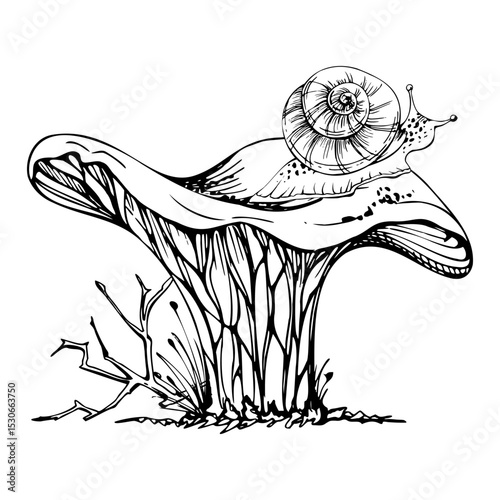 Golden chanterelle girolle mushroom with snail on top, twisting branch moss growth. Fungus nature illustration hand drawn in vector ink. Autumn forest harvest, vegan cooking edible raw ingredient.