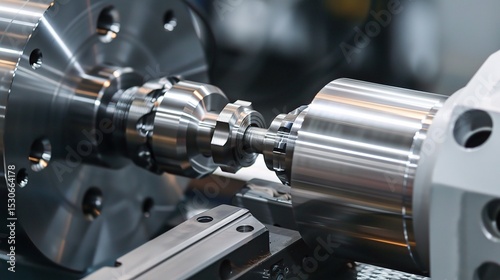 Close-up of a lathe turning operation showcasing a metal workpiece being shaped by a cutting tool, with chips flying and coolant spraying. The lathe's spindle rotates the workpiece while the tool hold
