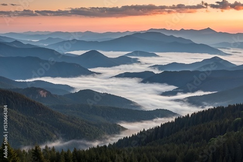 Hyperrealistic Aerial Sunrise over Foggy Mountain Landscape with Dramatic Light and Forest Peaks