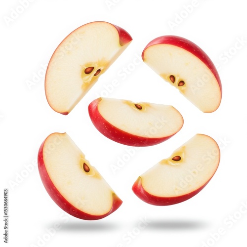 Five red apple slices isolated on white background
