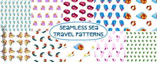 Summer Seamless Sea Pattern Pack. Set of 10 seamless summer patterns with cartoon travel and beach elements: sandcastles, beach bags, backpacks, flip-flops, juice boxes, donuts, boats, books, and more