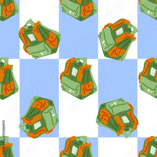 Seamless Hiking Backpack Pattern Design. Seamless pattern with cartoon green hiking backpacks and orange pockets. Hand-drawn flat style, checkerboard background in blue and white.