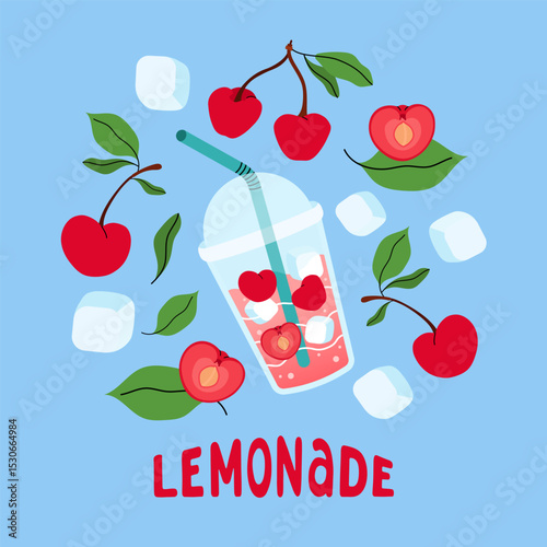 Summer square card with cherry. Lemonades, berry, ice cube and leaves icon. Bright seasonal blue background for cafes, menus, and advertisements. Food and drinks. Vector flat illustration.