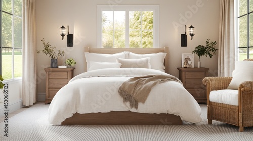A bedroom interior with a light beige color palette.