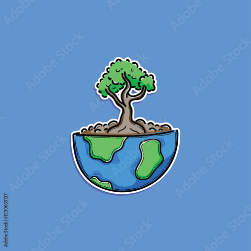 A vibrant illustration depicting a tree growing from an open globe, symbolizing sustainability and environmental care.