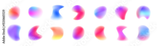 Set of abstract freeform color gradients isolated on white background PNG format. Collection of colorful mixed meshes with soft neon light. Holographic iridescent round circles with liquid bright grad