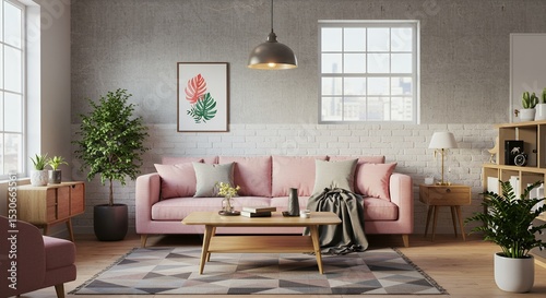 Modern Living Room with Pink Sofa and Geometric Rug