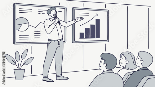 Man giving presentation with charts and graph to an audience in a room with a plant and white walls