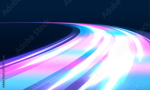 Neon color glowing lines background, high-speed light trails effect. Modern abstract high-speed light motion effect on black background. Light motion effect, slow shutter of traffic.	