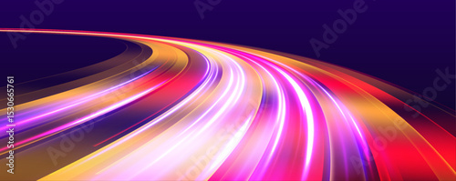 This graphic showcases the flow of high-speed data traffic, illuminated by neon light and dynamic light traces. The design reflects the concept of big data traffic streams.