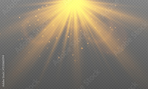 Flare with golden rays of light and magic sparkles. Bright Star. Abstract golden rays will raise. Transparent glitter gradient gloss, bright flash. Gold shining sun with transparent rays. Vector.	
