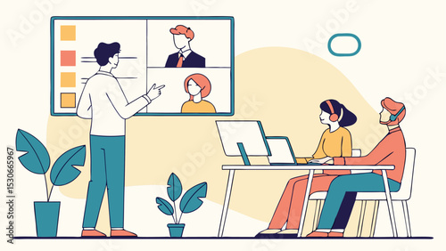 Illustration of a team meeting with a presenter and two remote participants on a computer screen online meeting