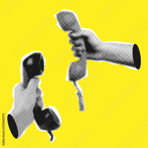 Halftone art collage hand holding old phone,cut out elements for trendy collage