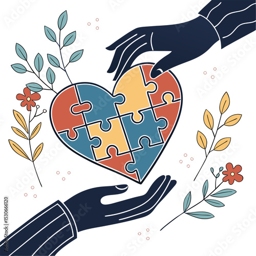 Two hands gently sharing a colorful puzzle heart representing autism awareness
