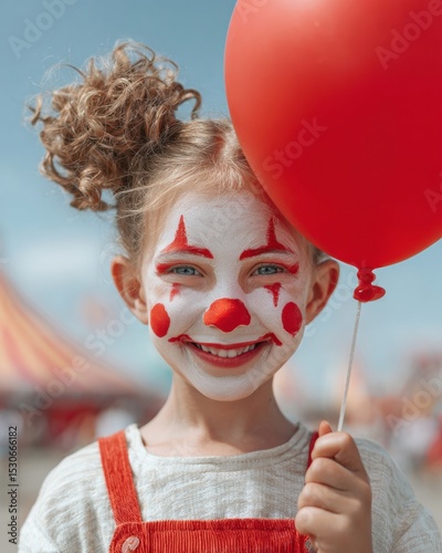 National Blame Someone Else Day Smiling Child with Face Paint Holding Red Balloon at Carnival with Halloween and Black Friday Festive Vibes