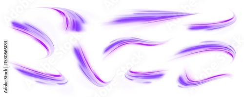 Set of neon speed lines on transparent background PNG. Glowing semicircular waves and light swirls in transparent PNG format. Soft motion and elegant curves create luminous arcs. 