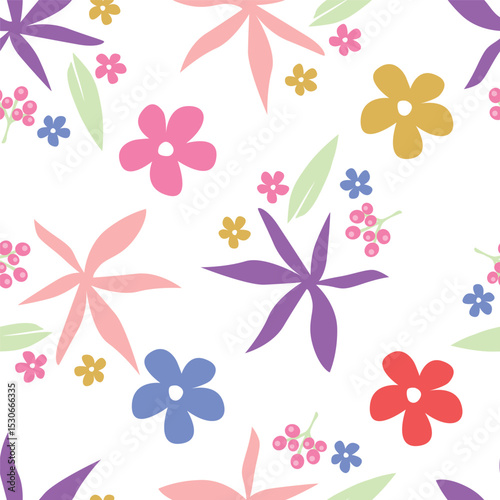 Floral botanical vector texture pattern with flowers and leaves. Seamless pattern can be used for wallpaper, pattern fills, web page background, surface textures.
