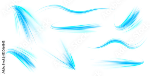 Blue wave curved lines for presentations, illustration of articles and publications on technological trends and innovations, covers of technological magazines.  Luminous green neon waves PNG. 