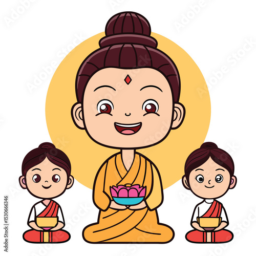 Adorable cartoon buddha with two young monks in meditation