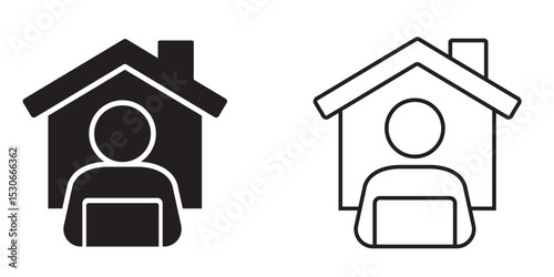 Home office icons depicting a person working on a laptop inside a house structure with two color variations