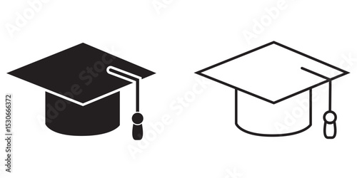 Icon representation of graduation caps in black and white designs suitable for educational themes