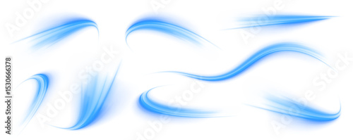 Set of blue speed lines on transparent background PNG.  Wavy transparent curved lines in the form of a blue wave, dynamically flowing sea water in a large set of different contour shapes. 