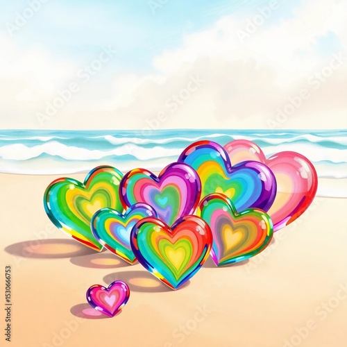 A collection of colorful heart shaped candies on a beach with ocean background