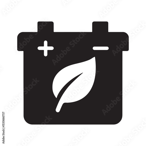 Black battery with a leaf icon in a white background