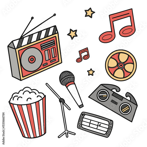 A colorful collection of entertainment icons movie clapperboard boombox popcorn microphone music notes and film reel