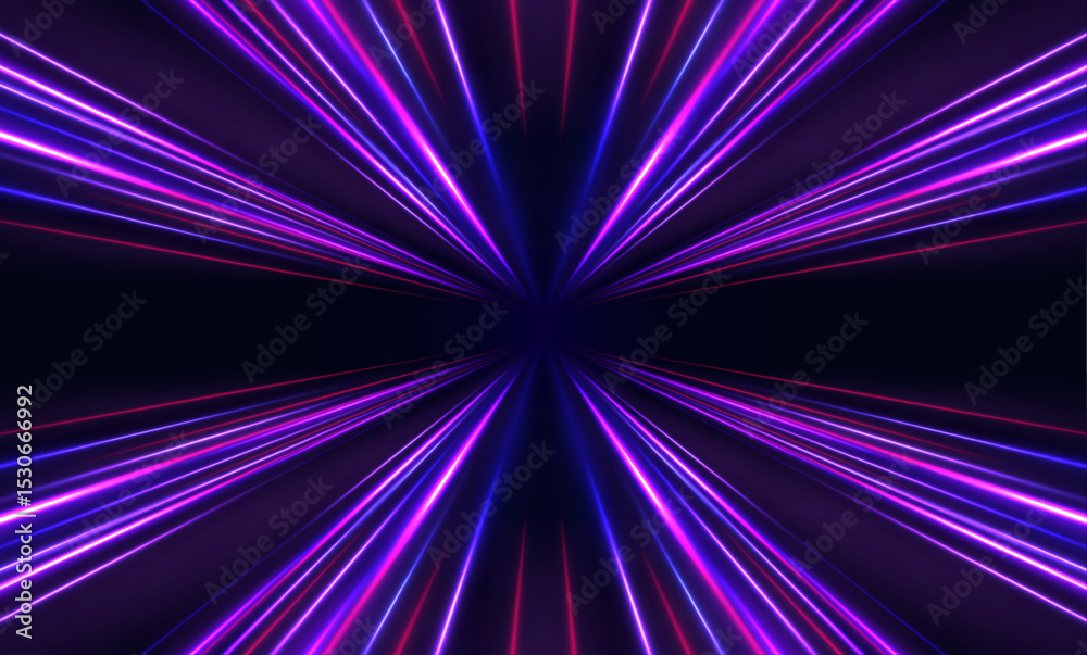 Speed lines burst from the center with glowing neon blue and red streaks, creating a dynamic motion effect. Acceleration radiates outward. A futuristic energy explosion.