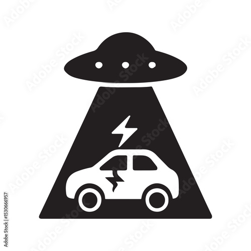 Ufo abducting electric car with lightning bolt icon