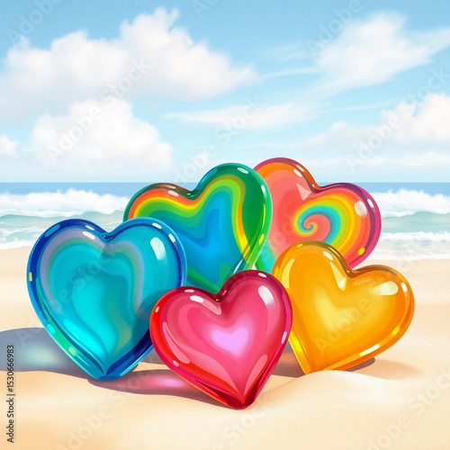 Colorful heart shaped candies on a beach with ocean and sky in the background