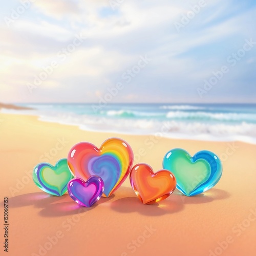 Colorful heart shaped candies on a beach with ocean and sky in the background
