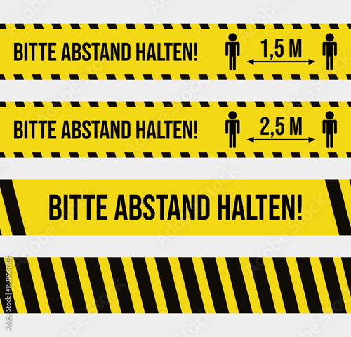 Set of four seamless caution tapes with german warnings for printing. Absperrband. Bitte abstand halten