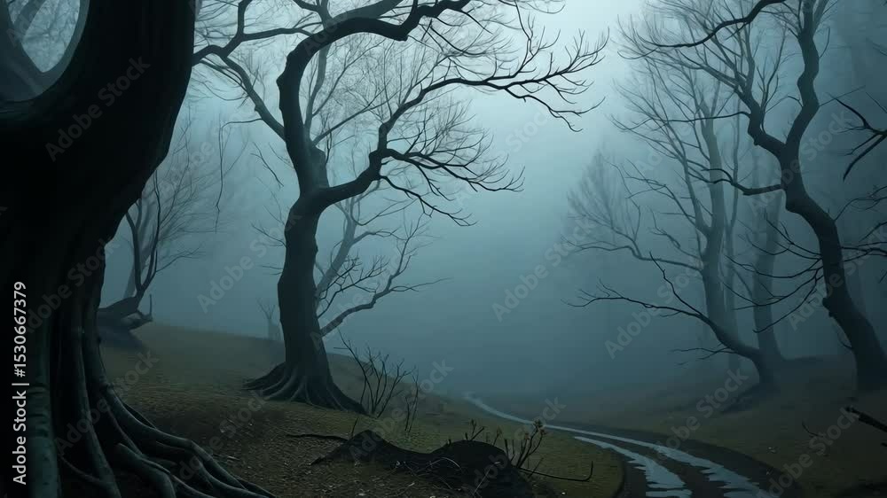 Leafless trees in dense fog on empty hillside path in muted blue tones. Concept of loneliness and isolation