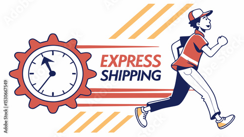 Express shipping illustration depicting a running delivery person with a clock shaped gear design