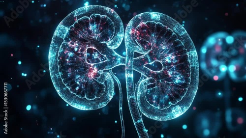 X-ray of human kidney in glass transparent with glowing light 