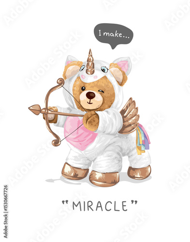 miracle slogan with cute bear doll in unicorn costume vector illustration hand drawn - not auto trace