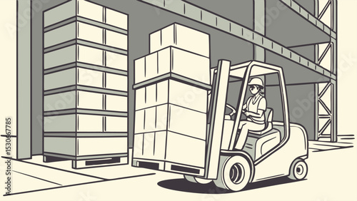 Forklift operator moving stacked boxes in a warehouse with tall shelves and concrete pillars inside the building