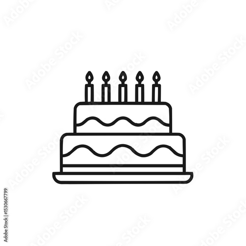  Birthday cake icon with candles in black line style