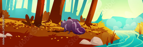 Autumn forest landscape with brown trees casting shadows on ground. Dark skunk digs near fallen leaves while blue stream flows nearby. Rocky terrain shows scattered foliage for nature illustrations.