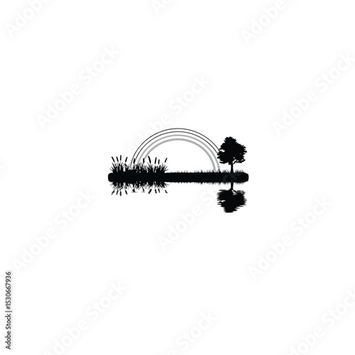 a rainbow reflecting on a wetland silhouette on white background