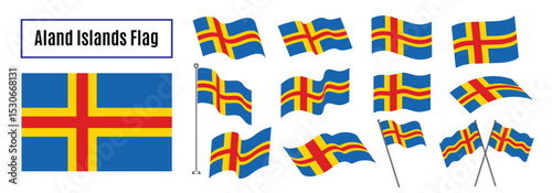 Collection of Åland islands flags in various waving styles, showcasing the distinctive blue, yellow, and red Nordic cross, perfect for national pride.