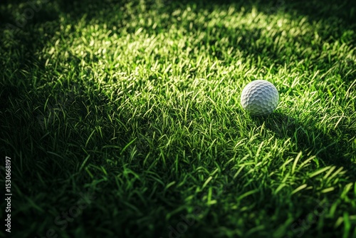 Golf ball on lush green with cloudy sky background. AI generative
