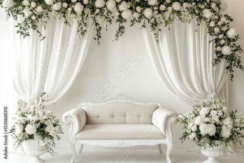 Elegant white sofa amidst floral arch and drapes. AI generative